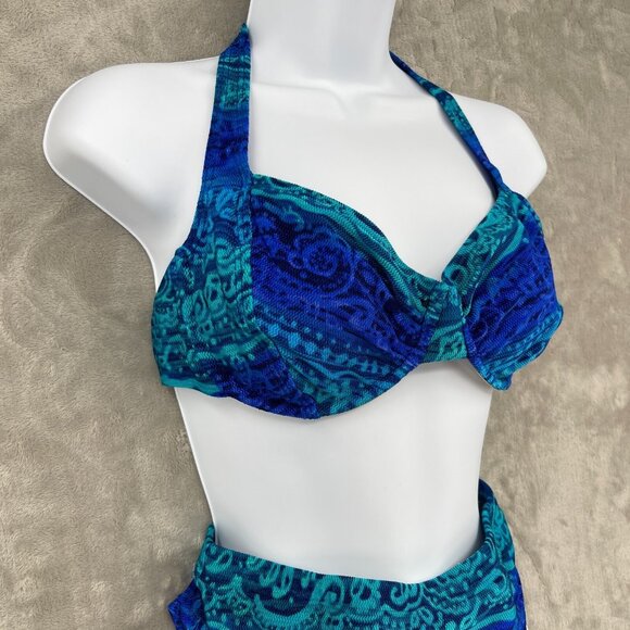 Swim Systems Vintage 34D/ M Blue Green 2 Piece High Waisted Bikini Swimsuit - Picture 2 of 13